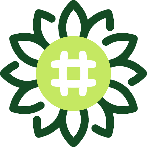 Landscaping company logo with green flower and hashtag symbol.